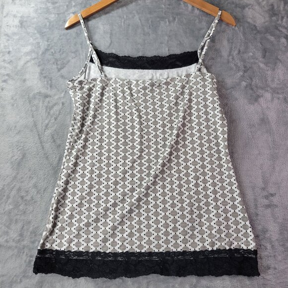 Geometric Print Lace Trim Cami Top Womens Black White Sleeveless Stretch Y2K - Picture 8 of 9